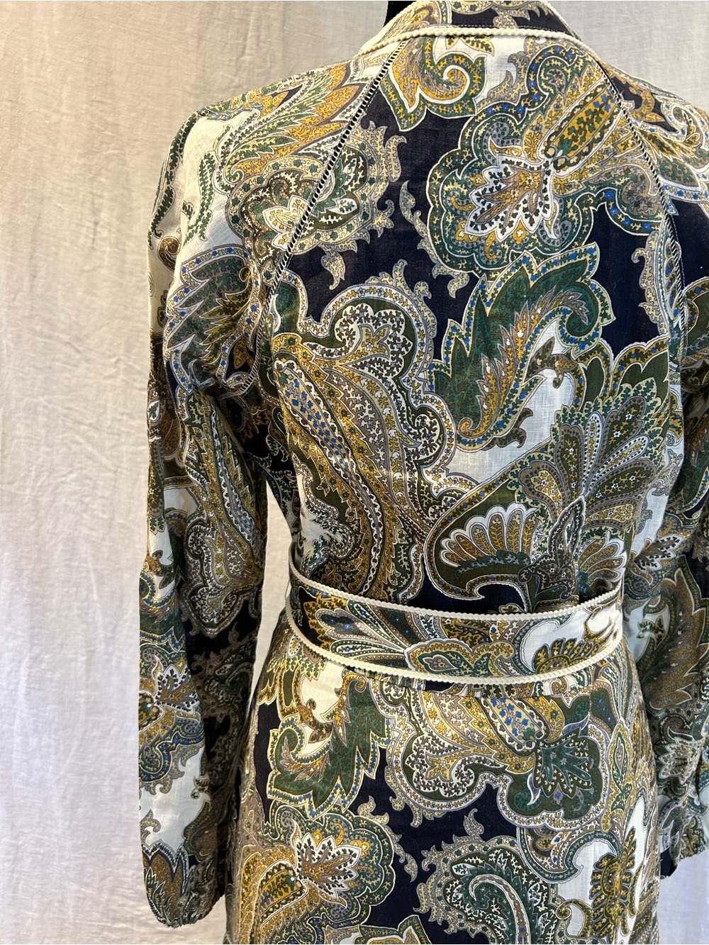 Veronica Beard Paisley Long Sleeve Midi Dress in White and Olive - Picture 5 of 9